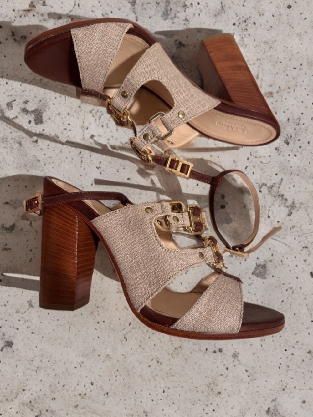 Max Mara Leather & Linen-Effect T-Strap Block Heels - Brown/Ecru EU 37.5 US 7.5